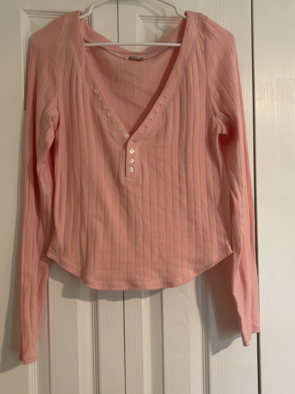 Intimately Free People Pointelle Knit Pink Ribbed Long-Sleeve Henley Top size M